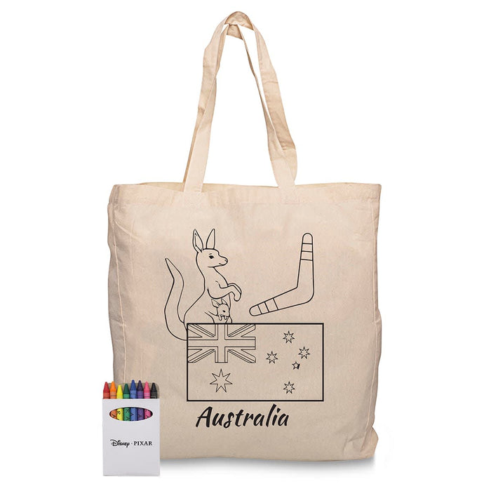 Squiggle Calico bag + Crayon set - A cream Calico bag featuring an Australian design with a kangaroo and flag, accompanied by a set of colourful crayons.