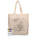 Squiggle Calico bag + Crayon set - A cream-coloured calico bag featuring a rocket and space scene, accompanied by a set of colourful crayons.