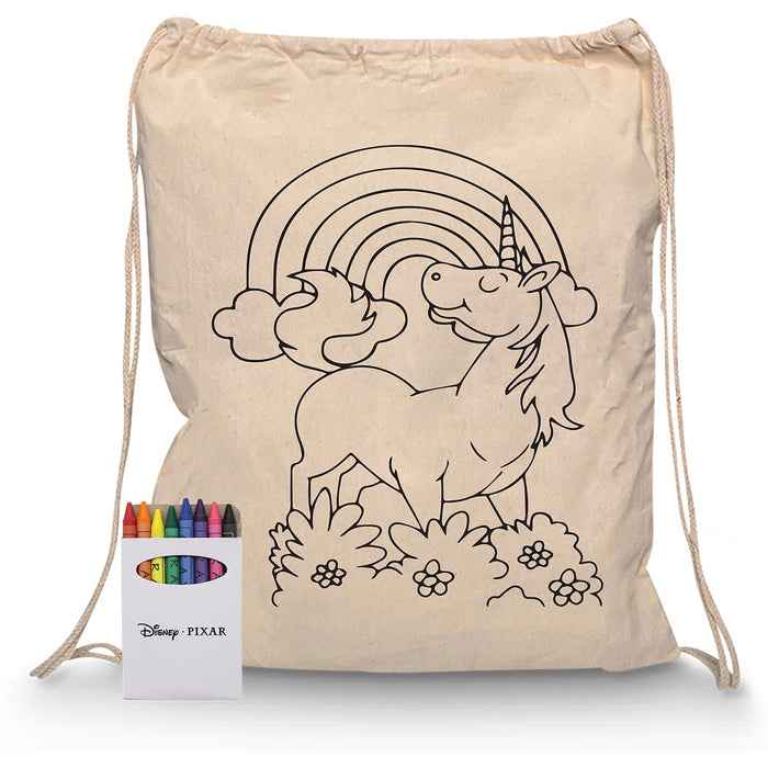 Squiggle Calico Drawstring Bag + Crayon set - A cream drawstring bag featuring a unicorn and rainbow design, accompanied by a set of crayons in various colours.