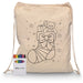 Squiggle Calico Drawstring Bag + Crayon set - A cream drawstring bag featuring a bear and gifts design, alongside a set of colourful crayons in a box.