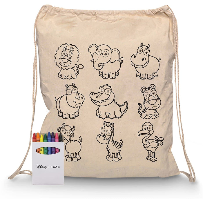 Squiggle Calico Drawstring Bag + Crayon set - A beige drawstring bag featuring outlined animal illustrations and a set of coloured crayons beside it.