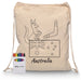 Squiggle Calico Drawstring Bag + Crayon set - A cream drawstring bag featuring an illustration of a kangaroo and the Australian flag, accompanied by a crayon set in vibrant colours.