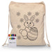 Squiggle Calico Drawstring Bag + Crayon set - A cream drawstring bag featuring a bunny design, accompanied by a crayon set in various colours.