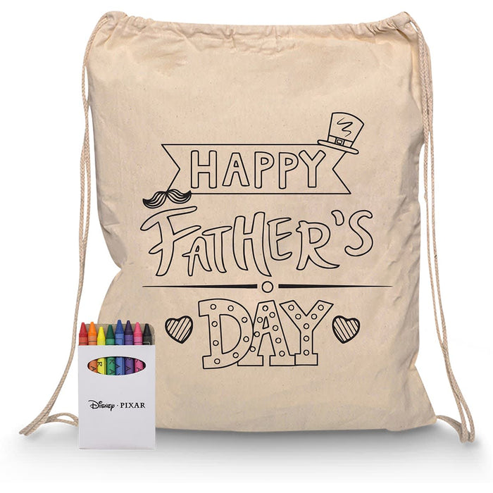 Squiggle Calico Drawstring Bag + Crayon set - A cream drawstring bag featuring a Happy Father's Day design and a set of colourful crayons in a box.