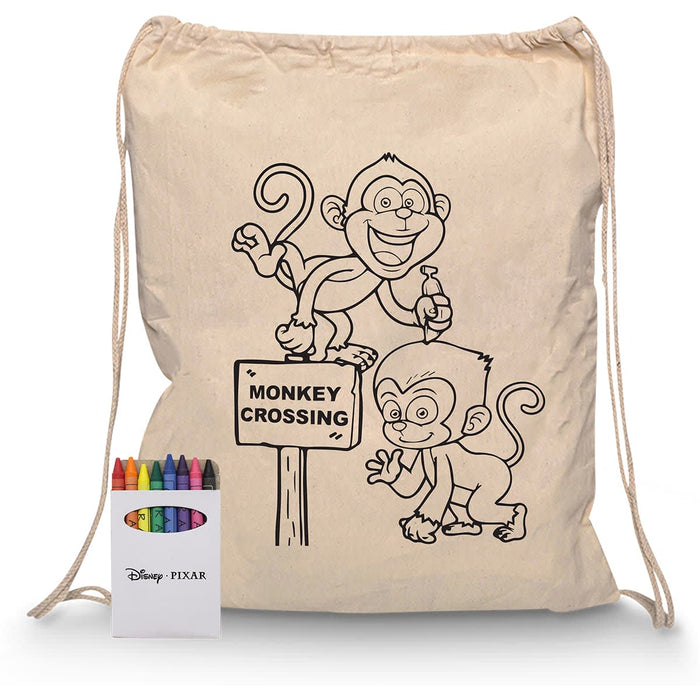Squiggle Calico Drawstring Bag + Crayon set - A beige drawstring bag featuring monkey illustrations and a crayon set with multiple colours.