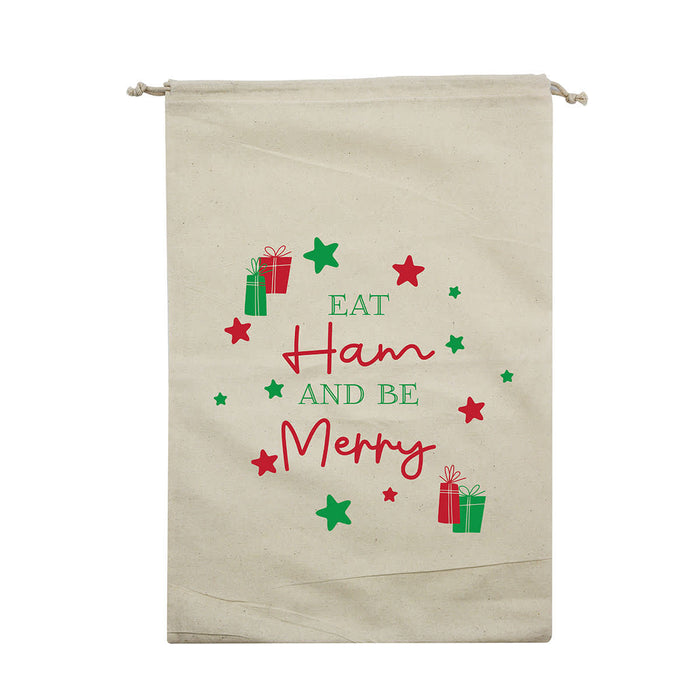 Christmas Ham Bag - A cream Christmas ham bag featuring festive graphics with green and red gifts and stars, and text in a playful font.