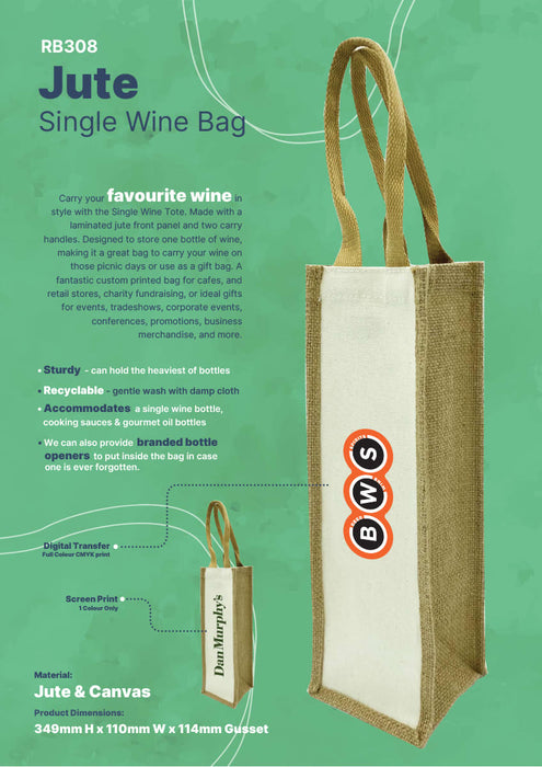 Jute Single Wine Bag - A jute wine bag in natural and cream colours with two handles and branding on the front.