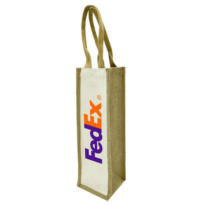Jute Single Wine Bag - A jute single wine bag in natural brown, featuring a logo on one side and two handles for easy carrying.