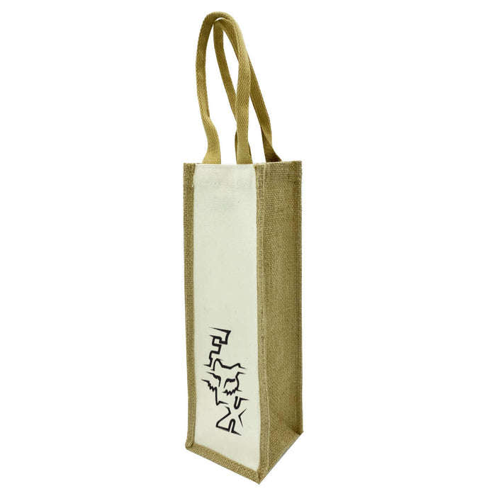 Jute Single Wine Bag - A jute single wine bag in natural and cream colours, featuring a simple logo on the side.