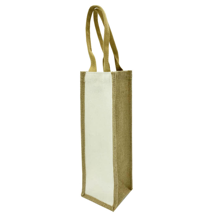 Jute Single Wine Bag - A jute wine bag featuring a natural brown hue with a cream-coloured panel and two sturdy handles.