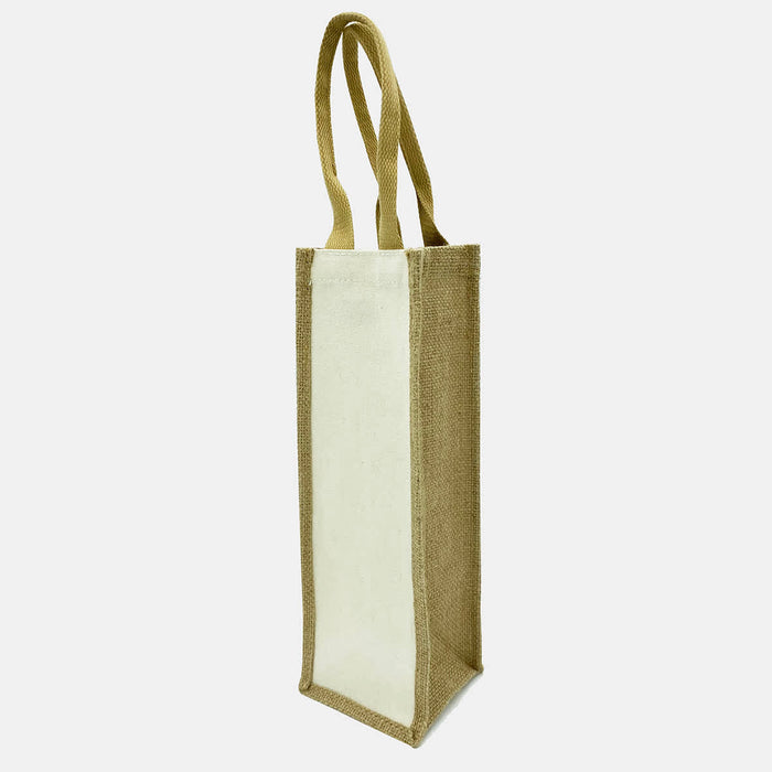 Jute Single Wine Bag - A jute single wine bag in natural beige with a cream centre panel and two sturdy handles. It features a branding logo.