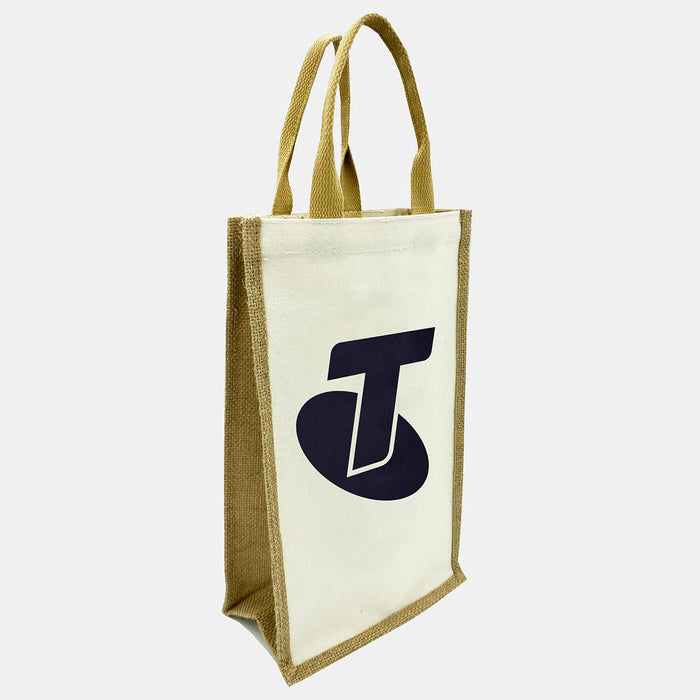 Jute Double Wine Bag - A jute double wine bag in natural and tan colours, featuring a branding logo on the front.