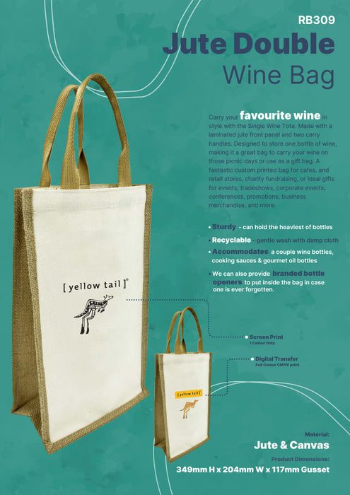 Jute Double Wine Bag - A jute double wine bag in natural and cream colours, featuring a branding logo and sturdy handles.