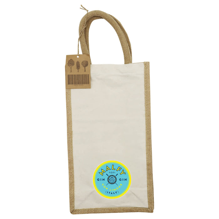 Jute Double Wine Bag - A jute double wine bag in natural beige with tan handles, featuring a circular logo.
