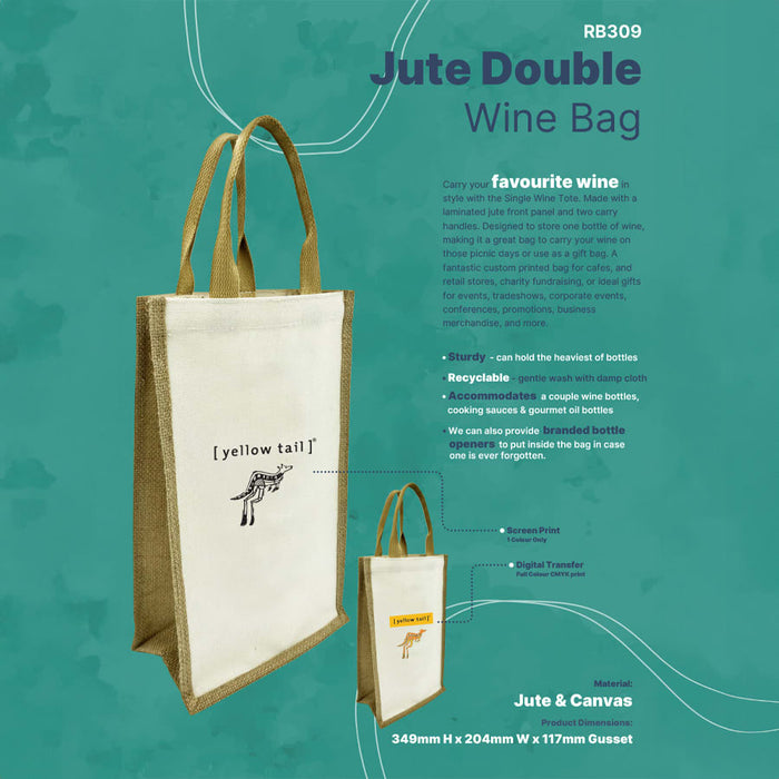 Jute Double Wine Bag - A jute double wine bag in natural and cream colours, featuring a logo and sturdy handles for carrying bottles.