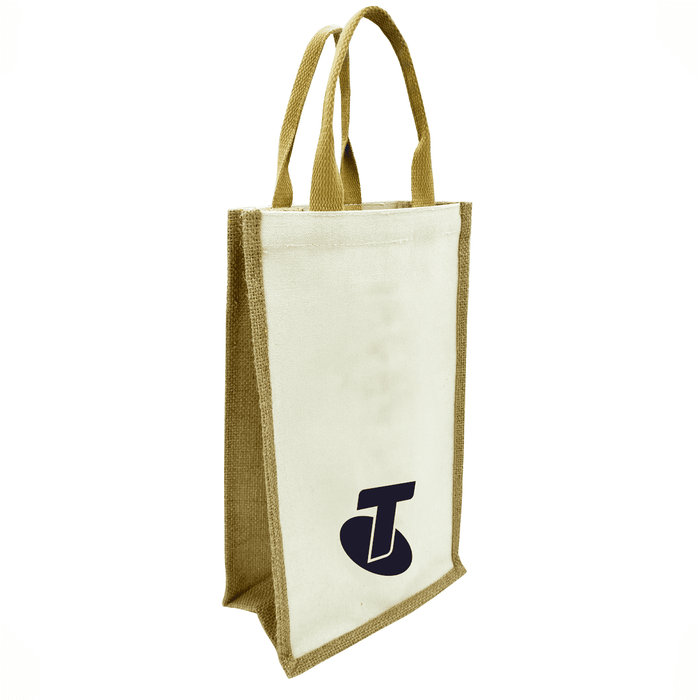 Jute Double Wine Bag - A jute double wine bag in natural and brown hues, featuring carry handles and a logo on one side.