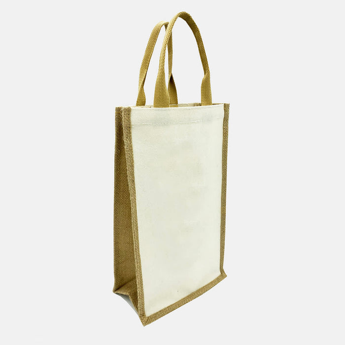 Jute Double Wine Bag - A jute double wine bag in natural beige and tan, featuring sturdy handles and a simple, rustic design.