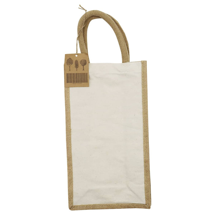 Jute Double Wine Bag - A jute double wine bag in natural beige with a plain white centre and a tag attached. It features two handles.