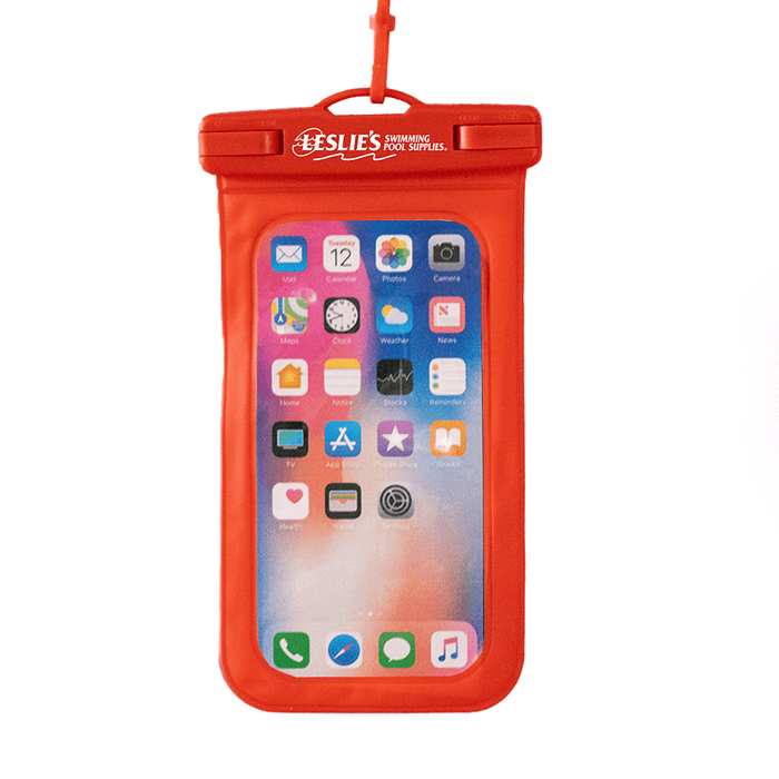 Waterproof Phone Pouch - A waterproof phone pouch in bright red with a transparent front, featuring a logo at the top.