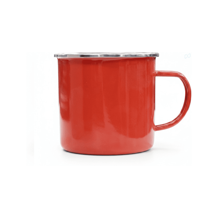 The Murray 500ml Mug - A drink bottle in bright red with a stainless steel rim and handle, featuring a logo on the surface.