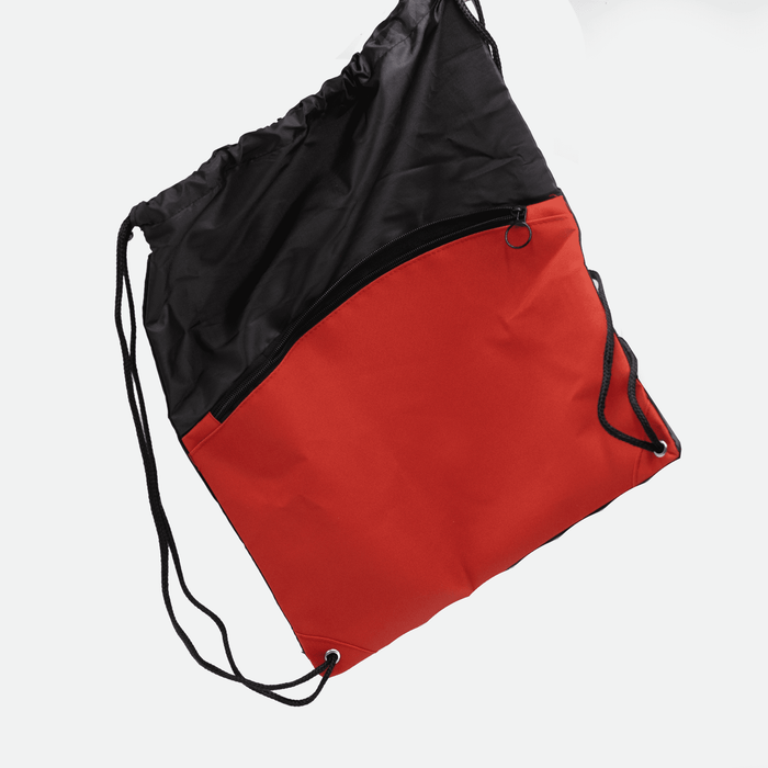 The Buddy Drawstring Bag - A red and black drawstring bag featuring a zippered pocket and black cords for carrying. It has a logo.