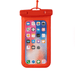 Waterproof Phone Pouch - A red waterproof phone pouch with a clear front, displaying a smartphone screen and icons. It has a logo on it.