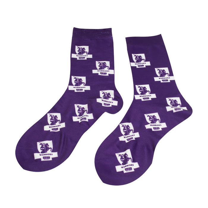 Magic Dress Socks - Purple socks featuring a patterned design with logos and motifs throughout.