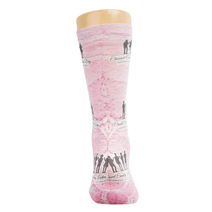 Magic Dress Socks - A pair of pink socks featuring various designs, with a logo on the upper section.