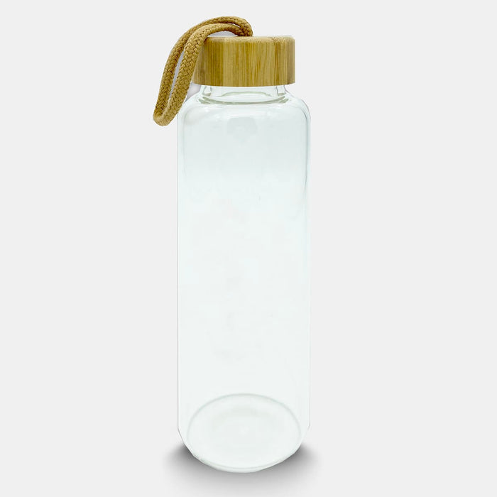 Vidro 550ml Bottle - A drink bottle made of clear glass with a bamboo lid and a woven strap.