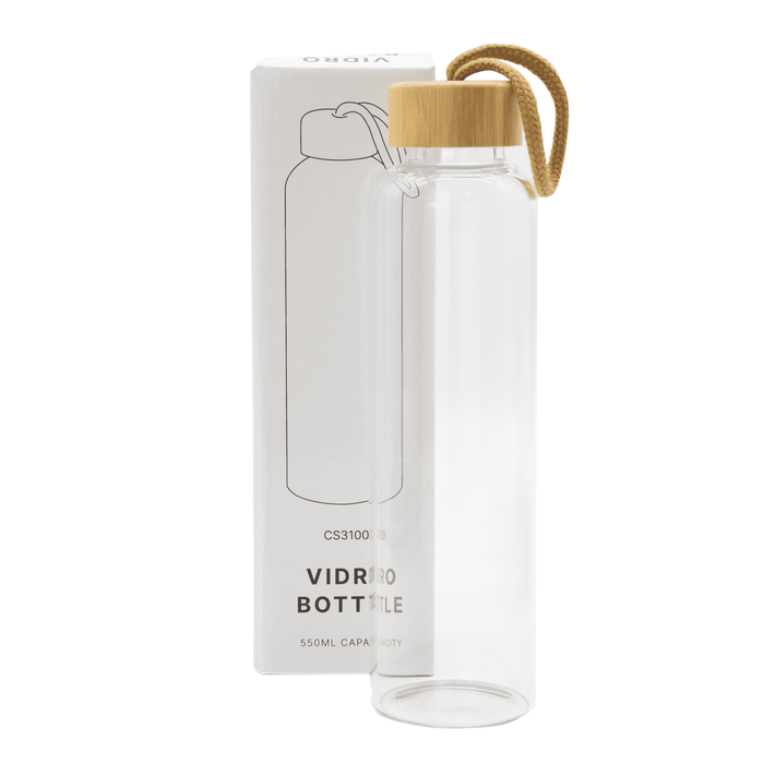 Vidro 550ml Bottle - A drink bottle made of clear glass with a bamboo lid and a rope attachment, packaged in a box.