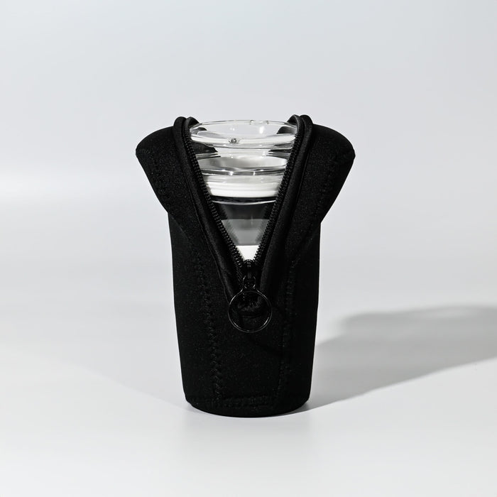 Oakleigh Pouch - A black pouch with a zipper, designed to hold a clear drink bottle securely.