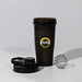 Power 600ml Shaker Cup - A drink bottle with a black and yellow design, featuring a lid and metal mixing ball. It has a logo on the side.