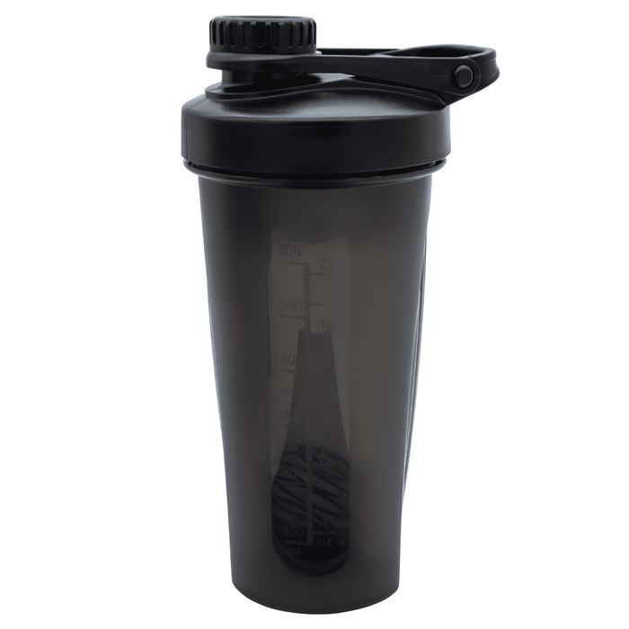 Power 600ml Shaker Cup - A drink bottle featuring a black shaker cup with a measuring scale and a flip-top lid. It includes a logo.