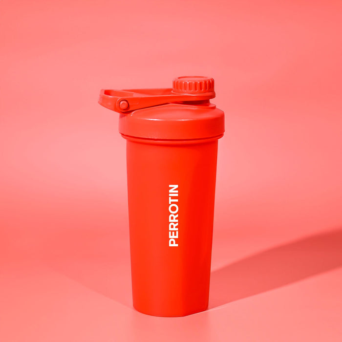 Power 600ml Shaker Cup - A drink bottle in bright red with a secure lid and a logo, designed for protein shaking.