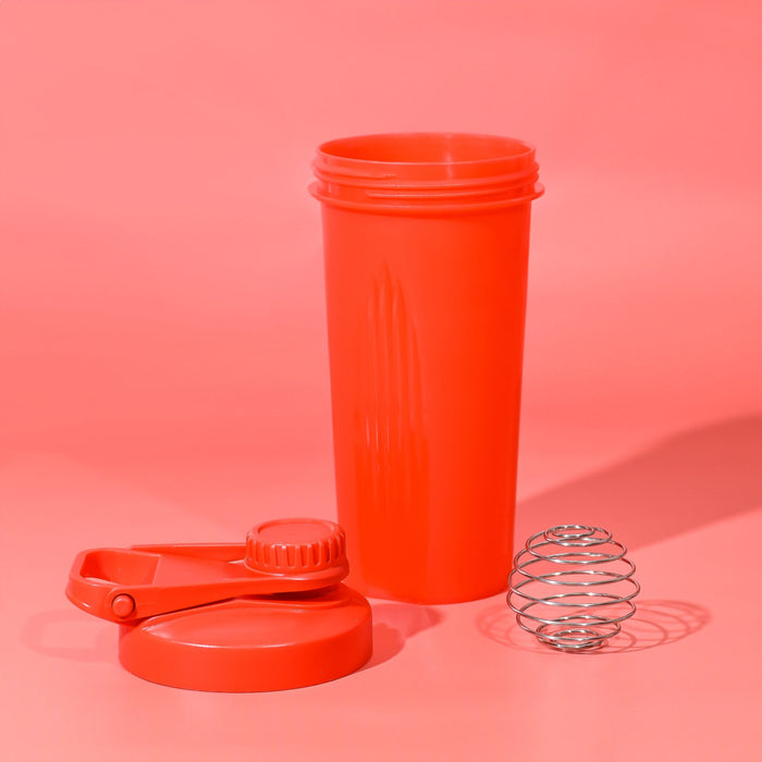 Power 600ml Shaker Cup - A drink bottle in vibrant red with a screw-on lid and a metal whisk ball for mixing. It features a logo on the side.
