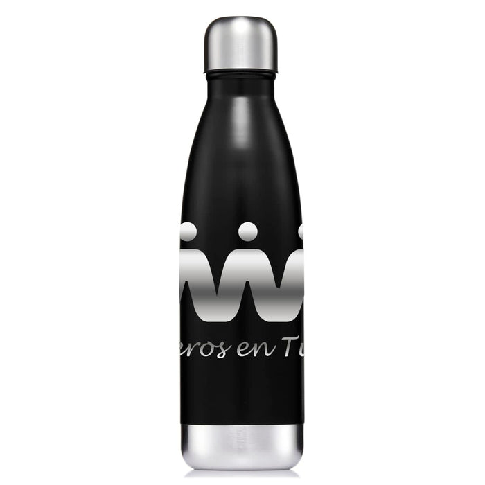Classic 500ml Water Bottle - A drink bottle in black stainless steel with a metallic silver cap and a logo on the side.