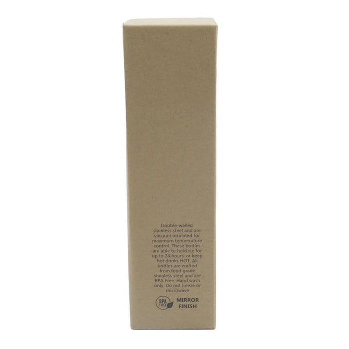 Classic 500ml Water Bottle - A drink bottle in a cardboard box, featuring a logo, showcasing a double-walled stainless steel design.