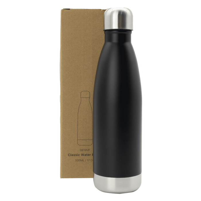 Classic 500ml Water Bottle - A drink bottle with a matte black finish and a stainless steel base, packaged in a cardboard box.