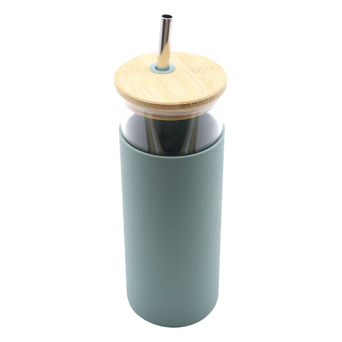 Sunrise Smoothie 500mL Tumbler - A drink bottle featuring a mint green body, bamboo lid, and stainless steel straw. It has a logo on the side.