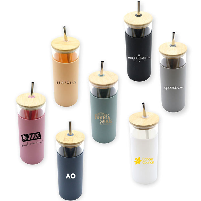 Sunrise Smoothie 500mL Tumbler - A drink bottle collection featuring various tumblers in colours like pink, beige, navy, grey, and white, each with a bamboo lid and a straw.