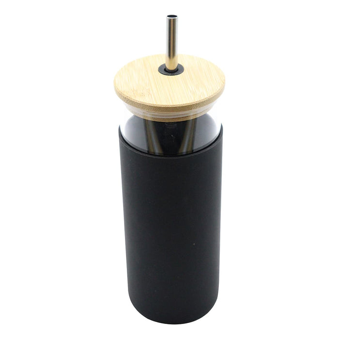 Sunrise Smoothie 500mL Tumbler - A drink bottle featuring a black plastic body, bamboo lid, and stainless steel straw. It has a logo.