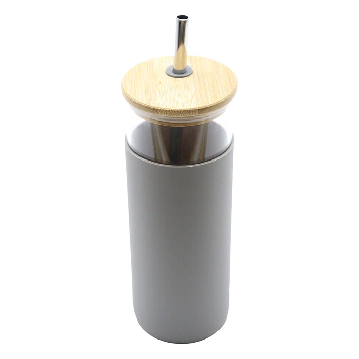 Sunrise Smoothie 500mL Tumbler - A drink bottle with a grey body and a bamboo lid, featuring a stainless steel straw. It has a logo on it.