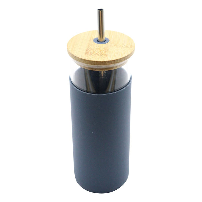 Sunrise Smoothie 500mL Tumbler - A drink bottle with a dark grey body, bamboo lid, and metal straw. It features a logo on the side.