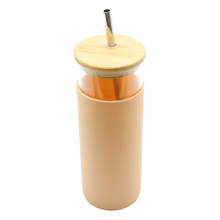 Sunrise Smoothie 500mL Tumbler - A drink bottle with a peach-coloured silicone sleeve, glass body, bamboo lid, and stainless steel straw.