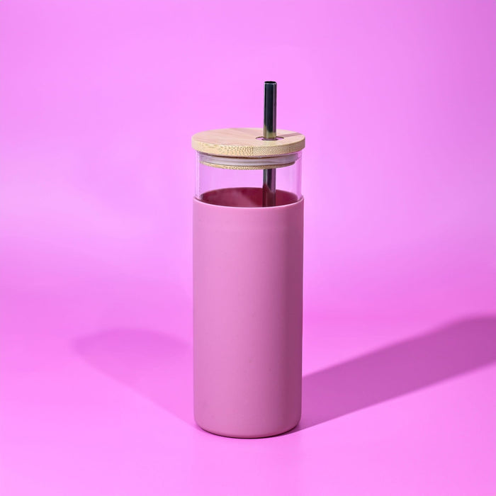 Sunrise Smoothie 500mL Tumbler - A drink bottle featuring a pink body, a clear top, and a wooden lid with a straw.