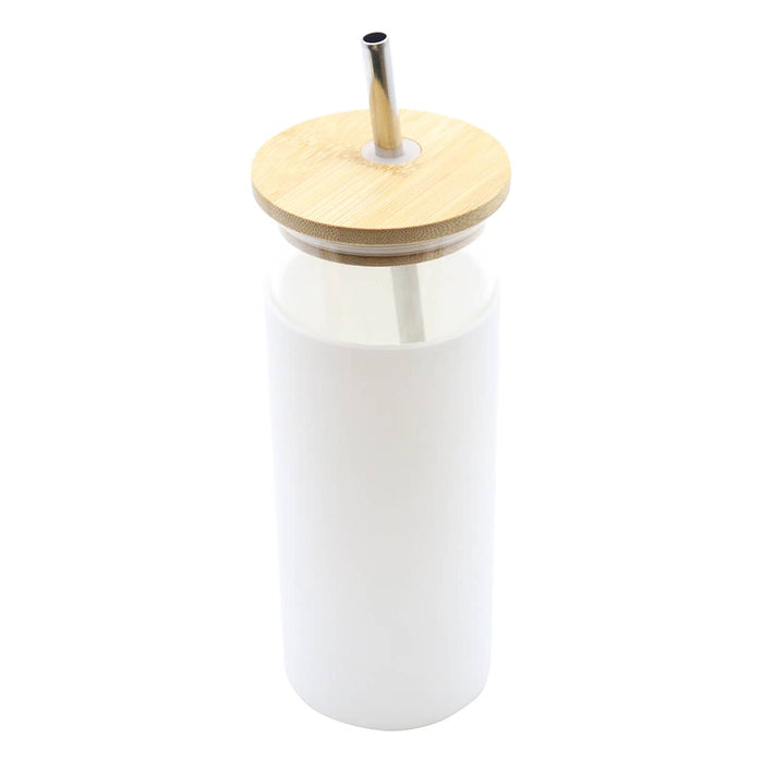 Sunrise Smoothie 500mL Tumbler - A drink bottle with a white body, bamboo lid, and metal straw, featuring a logo.