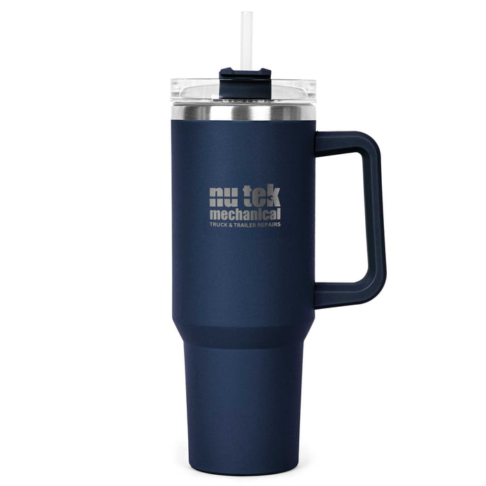 The Hippo 1.2L Mug - A drink bottle with a navy blue exterior, featuring a clear lid and straw, and a handle. It has branding on the side.