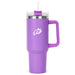 The Hippo 1.2L Mug - A drink bottle featuring a purple exterior, a clear lid, and a reusable straw with a handle. It has a logo on it.