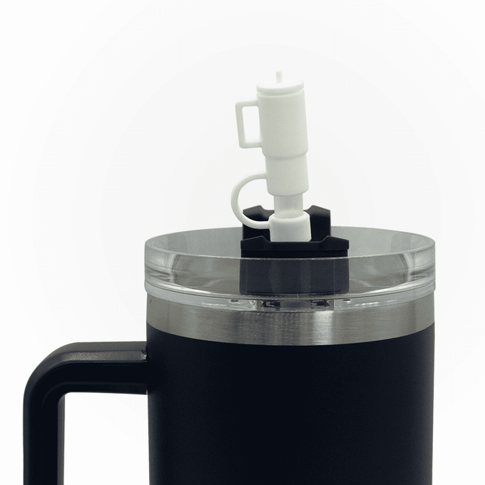 The Hippo 1.2L Mug - A drink bottle featuring a black exterior, clear lid, and a white nozzle, along with a handle and logo.