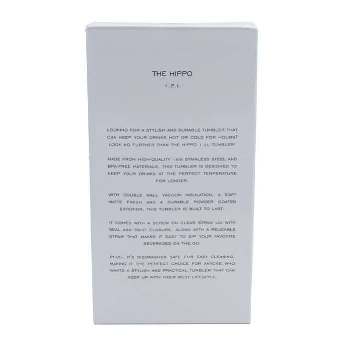 The Hippo 1.2L Mug - A drink bottle in a white box, featuring a logo, designed for style and insulation.